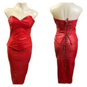 Michael Hoban 90s North Beach leather RARE Red lace up bustier and skirt Set